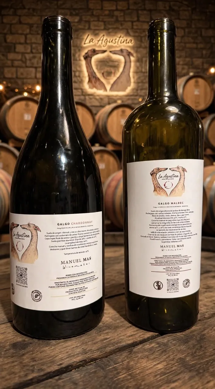 Galgo Chardonnay y Galgo Malbec en la bodega, entre barricas
