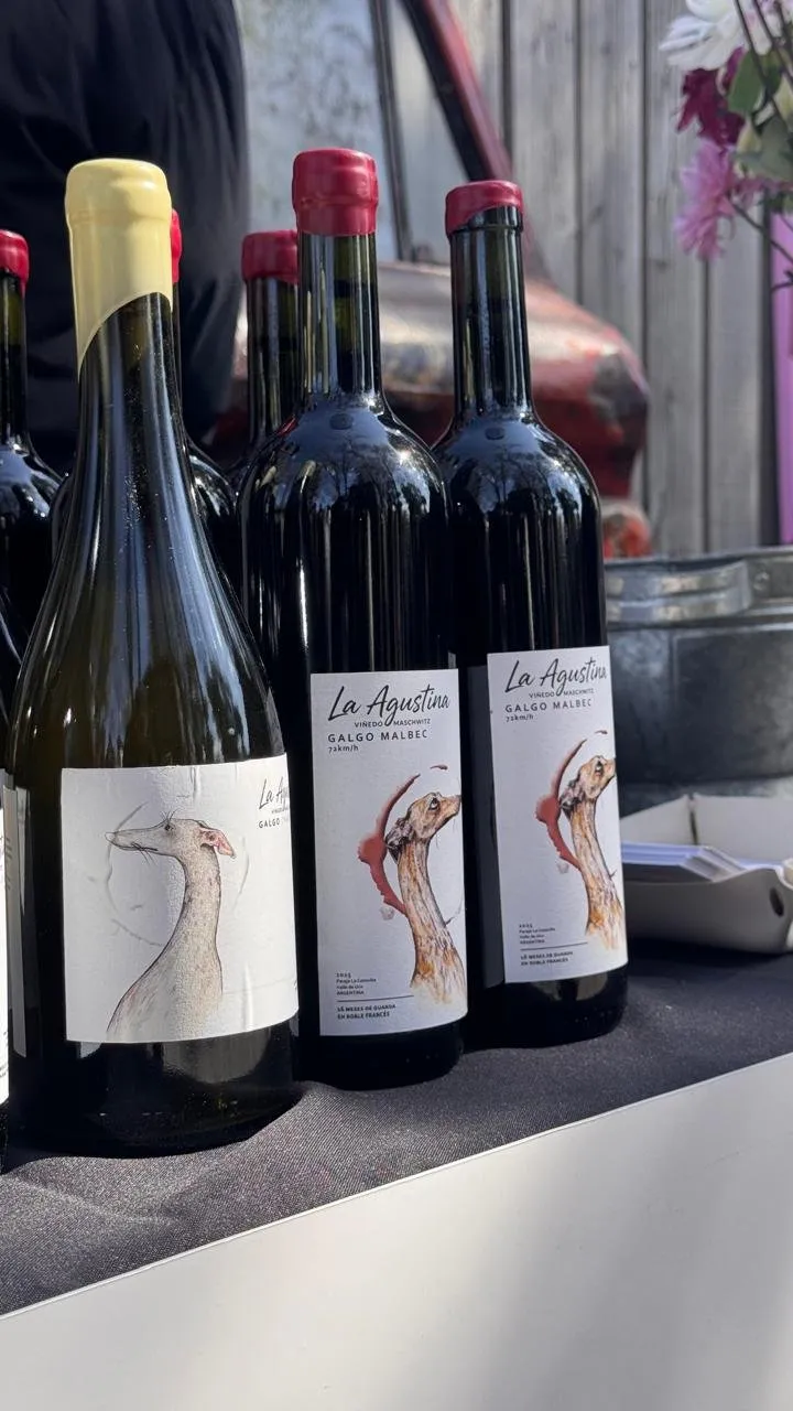 Botellas de Galgo Chardonnay y Galgo Malbec sobre la mesa
